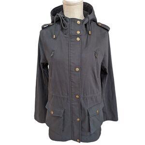 Eden Society Women's Military Cargo Utility Jacket Hooded Zip Up Grey Size M